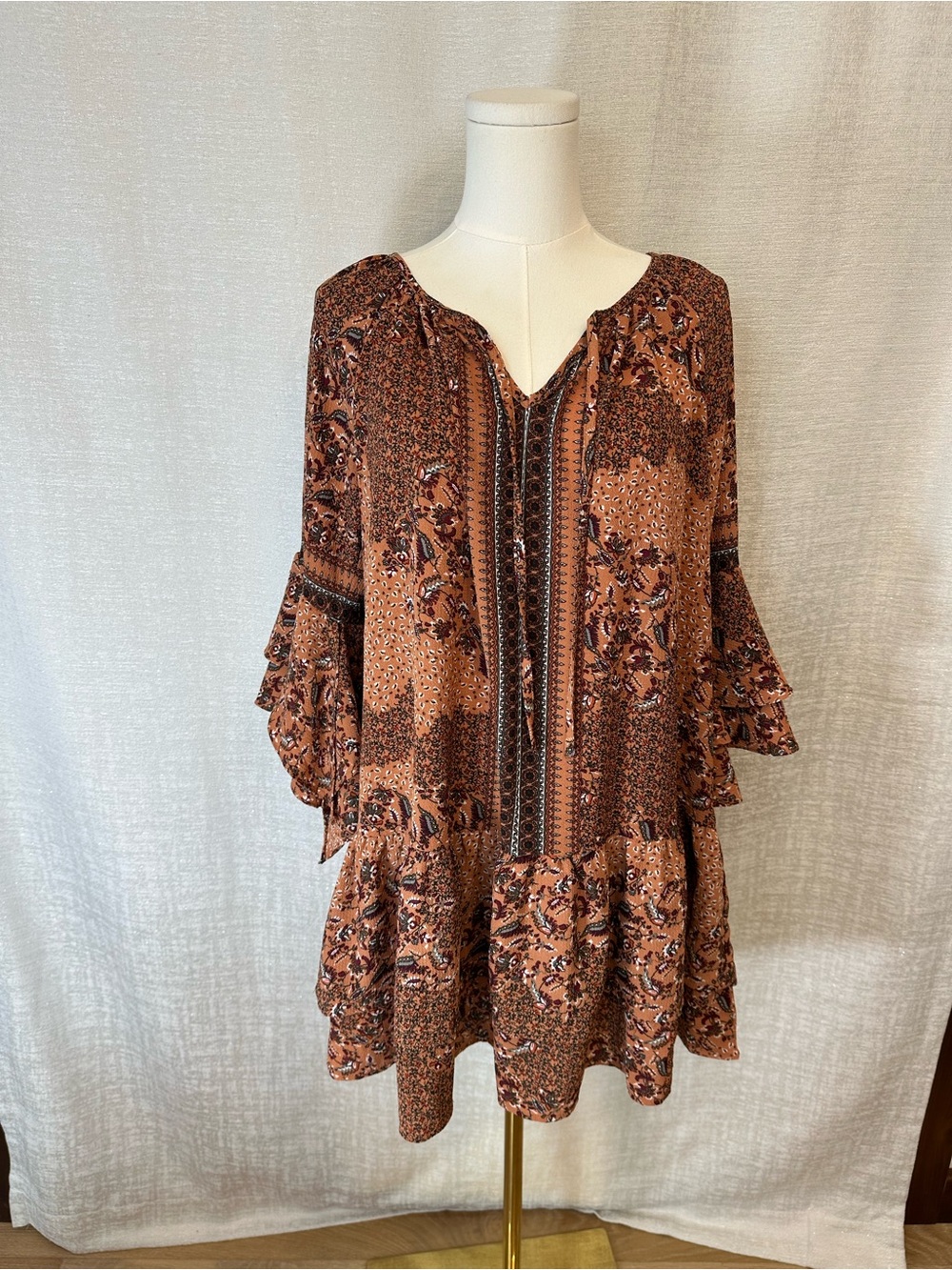 Robbie Bee Boho Earth Tones Patchwork Floral Midi Dress
